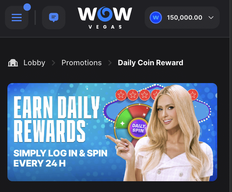 WOW Vegas daily rewards promo